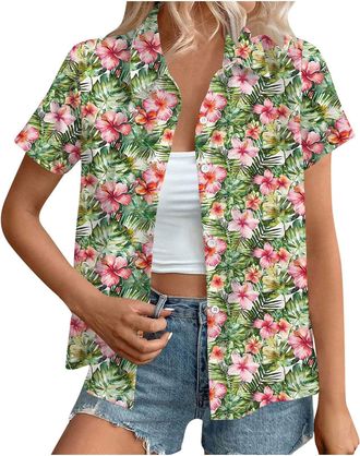 Generic Hawaiian Shirts for Women Summer Beach Shirt Trendy Tropical Floral Print Tshirts Casual Button Down Short Sleeve Blouses Plus Size Tees Fashion Outfi