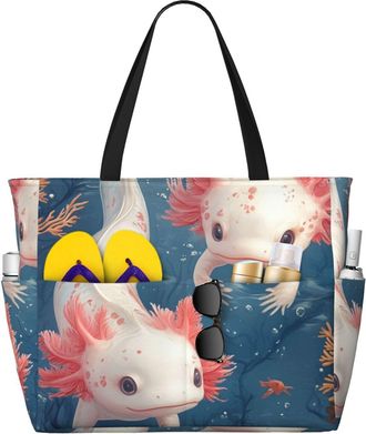 Generic Cute Axolotl Print Large Beach Bag Foldable Travel Shoulder Tote Bag With Pocket For Weekender Pool Vacation