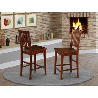 East West Furniture Vernon Counter Stools with Wood Seat - Mahogany Finish, Set of 2