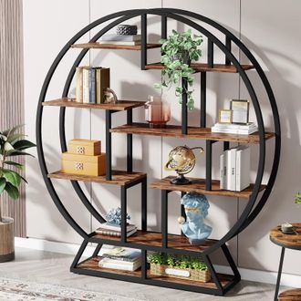 Tribesigns 63-Inch Industrial Wood Bookcase with Staggered Shelves and Round Design