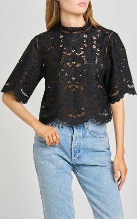 Wayf Mary Floral Embroidered Mock Neck Top in Black at Nordstrom, Size X-Small
