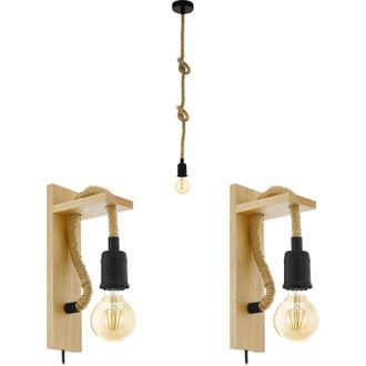 Loops Ceiling Pendant Light & 2x Matching Wall Lights Black & Knot Rope Trendy Lamp