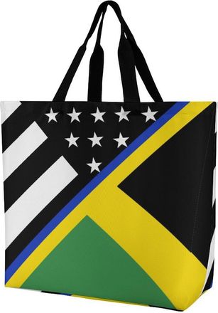 Generic Blue Line U.S. Jamaican Flag Reusable Shopping Bags One Shoulder Grocery Tote Bag Waterproof Big Purse for Work Travel