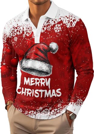 Generic Unisex Christmas Long Sleeve Polo Shirt, Polyester Button Down Collar, Relaxed Fit, Casual Sport Golf Wear, Modern Style, Machine Washable (UK, Alpha,