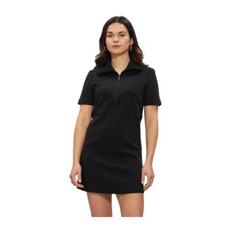 Calvin Klein Kleedjes, Dames, Zwart, M, Katoen, SS Spacer Mixed Media Rib Mock Dress