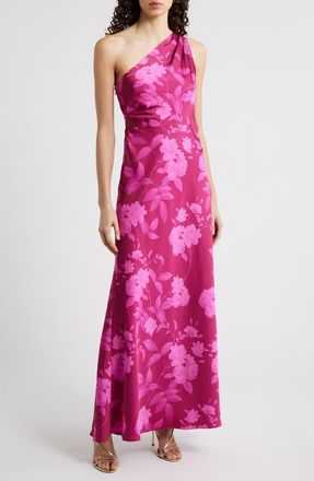 Sachin & Babi Delphine Floral One-Shoulder Satin Crepe Sheath Gown in Rhodolite Roses at Nordstrom, Size 22