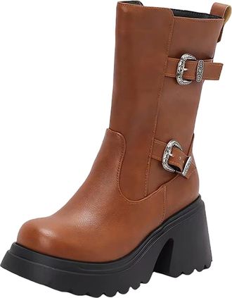 Generic Womens Retro Casual Mid Calf Boots Round Toe Super High Block Heel Platform With Side Zipper And Metal Decor