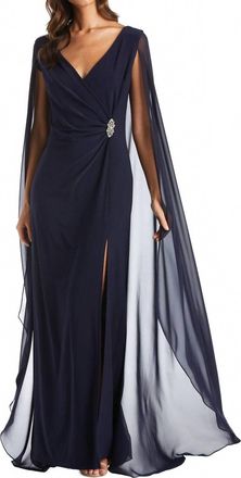 R & M Richards Chiffon Duster Cape Gown In Navy