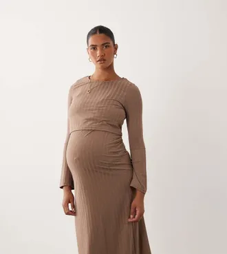 Mama Licious Mamalicious Maternity - Vestito midi in jersey a coste marrone chiaro 2 in 1