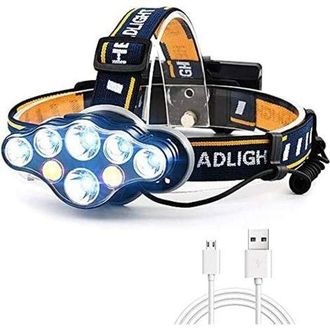 OEM Linterna Frontal Usb Superbrillante De 18000 L&uacute;menes Con 8 Led, 8 Modos Y Luz Indicadora Roja. Linterna Frontal Recargable E Impermeable, Ideal Para A