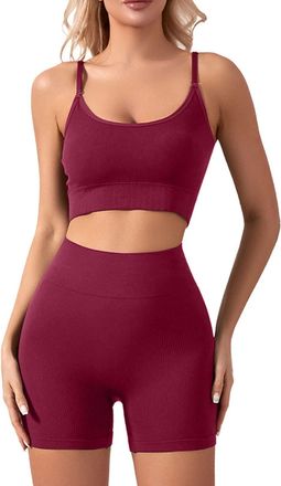 Generic WomenS Gym 2 Piece Sets Workout Outftis Exercise Activewear Set High Waisted-Ribbed Yoga Shorts Seamless Sports Bra Stretch Tights Jogger Shorts Women