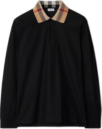 Burberry Tops, Heren, Zwart, L, Katoen, Lange mouwen polo met ruitkraag van katoen