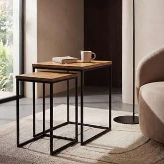 Maisons du monde Lote de 2 mesas auxiliares de acero negro y madera de mango