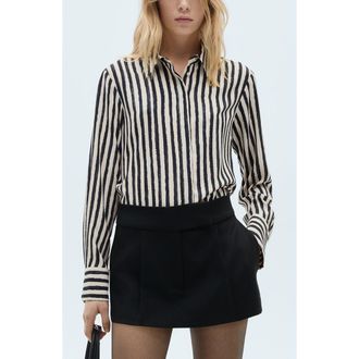 Mango Stripe Button Front Shirt in Ecru/black at Nordstrom, Size 2