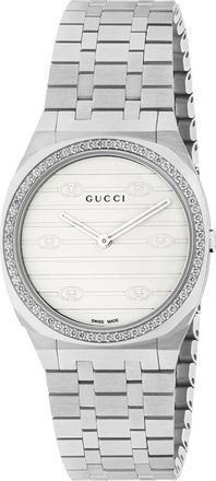 Gucci 25H Diamanten Lunette en Roestvrijstalen Armbandhorloge - Dames - Horloges - Grijs - ONE Size - Accessoires