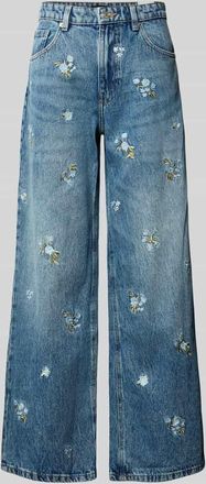 Mango Wide Fit Jeans mit floralem Allover-Stitching Modell BEVERLY in Jeansblau, Gr&ouml;&szlig;e 36