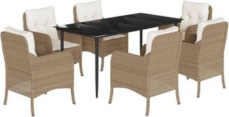 vidaXL 7 Piece Garden Dining Set with Cushions Beige Poly Rattan Vidaxl