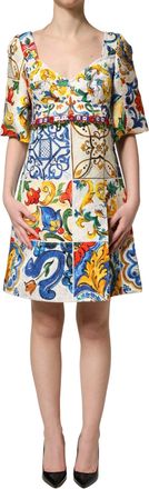 Dolce & Gabbana Womens Multicolor Majolica Print Cotton Mini Dress Elastane Nylon Silk