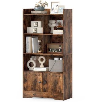 Costway Bookshelf Freestanding Bookcase with Doors & 2 Storage Cabinets-Coffee