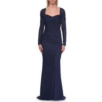 La Femme Long Sleeve Net Jersey Gown with Sweetheart Neckline in Marine Blue at Nordstrom, Size 20