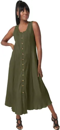 Jessica London Button Down Gauze Dress in Dark Olive Green at Nordstrom, Size 14