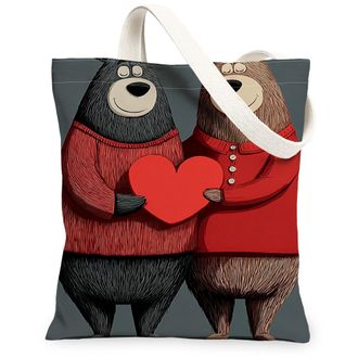 Generic Cute Bears Canvas Tote Bag, Playful Animal Design Reusable Grocery Bags, Winter Holiday Lightweight Washable Shoulder Strap, Gray, 13x15 Inch