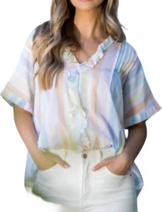 THML Clothing Stripe Ruffle V-Neck Top In Multicolor