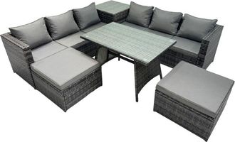 Fimous Outdoor Corner Sofa Dining Table Set Garden Rattan Furniture Set 8 Seater with Side Table 2 Big Stools Dark Grey - Fimous