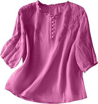 Generic My Orders Placed Womens Cotton Linen Blouse UK Summer Oversized Embroidered Boho Tops 2025 Fashion 3/4 Sleeve Button Up Round Neck Casual Shirts Light