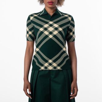 Burberry Check Pattern Wool Polo Shirt, Size Medium