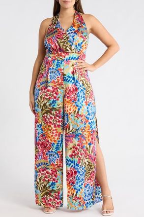 Sugarlips Floral Magic Moment Satin Halter Jumpsuit in Blue-Pink at Nordstrom, Size 1 X