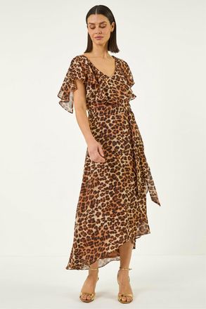 Roman Womens Animal Print Wrap Chiffon Midi Dress - Chocolate - Size 10 UK