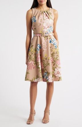 Tahari by ASL Floral Pleat Neck Sleeveless Fit & Flare Dress in Blush Toast at Nordstrom, Size 10