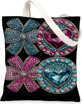 Generic Flower and Heart Canvas Tote Bags, Chic Floral Design Reusable Grocery Bags, Stylish Lightweight Washable Shoulder Strap Fo, Black, 13x15 Inch