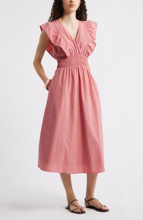 Nordstrom Flutter Sleeve Smocked Waist Midi Dress in Pink Clay at Nordstrom, Size Xx-Large