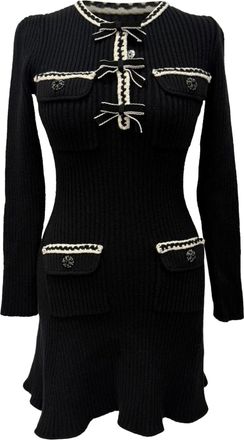 Self Portrait Ribbed Knit Mini Dress in Black Cotton
