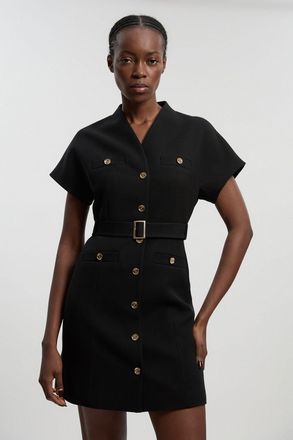 Karen Millen Womens Petite Textured Compact Stretch High Neck Belted Mini Dress - Black - Size 14 UK