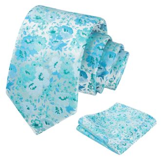 Alizeal Mens 8cm Floral Ties and Pocket square Ties Set for Wedding Fashion Flower Printed Necktie Set, Turquoise