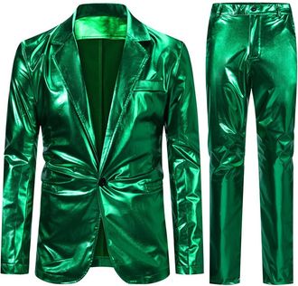 AlltheMen Mens Shiny 2 Piece Suits Slim Fit 1 Button Tuxedo Suits Casual Jacket Trousers for Wedding Party Green XXL