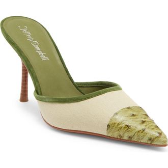 Jeffrey Campbell Parse Pointed Cap Toe Mule in Beige Canvas Green Ostrich at Nordstrom, Size 8.5