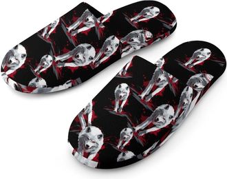 Generic Wolf with Dripping Blood Flannel Mens Slip-on Slippers Winter Warm House Shoes with Rubber Sole for Home Hotel