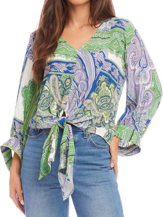 Karen Kane Pella Paisley Blouson Sleeve Tie Front Top In Green Multi