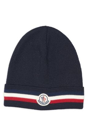 Moncler Tricolor Stripe Ribbed Wool Beanie in Navy Blue at Nordstrom