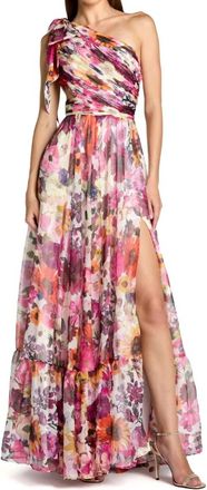 Mac Duggal One Shoulder Floral Printed Chiffon Side Cut Out Gown In White Multi