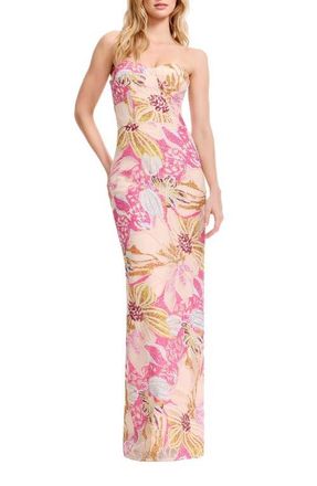 Dress The Population Vada Sequin Floral Strapless Gown in Bright Fuchsia Multi at Nordstrom, Size Xx-Large