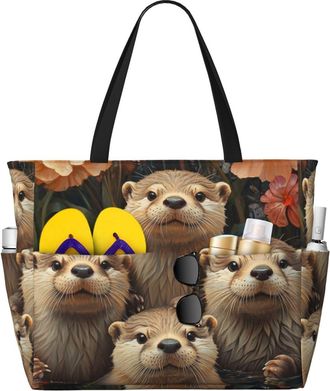 Generic Cute Otter Print Large Beach Bag Foldable Travel Shoulder Tote Bag With Pocket For Weekender Pool Vacation