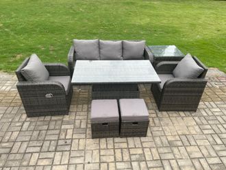 Fimous Wicker PE Rattan Outdoor Garden Furniture Set Adjustable Rising lifting Dining Table With Chair Side Table in Dark Grey