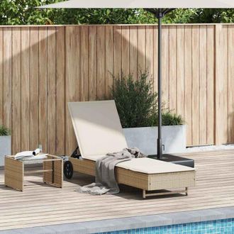 vidaXL Lettino Prendisole con Ruote e Cuscino in Polyrattan Beige vidaXL