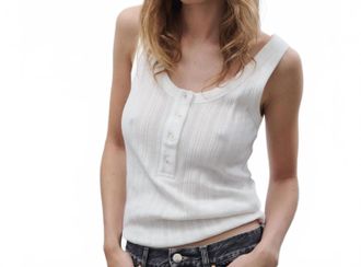 Closed Ribbed Henley Cotton Tank In Ivory