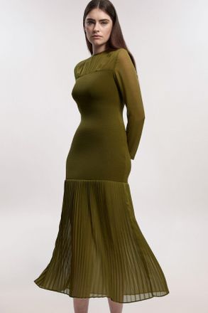 Karen Millen Womens Woven Knit Mix Pleated Midi Dress - Khaki Viscose - Size X-Small